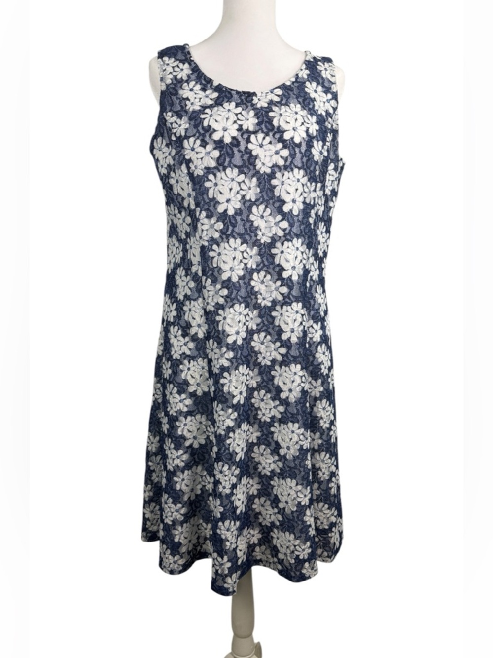 Perceptions New York Navy & White Floral Lace Overlay Dress Size L  Elegant